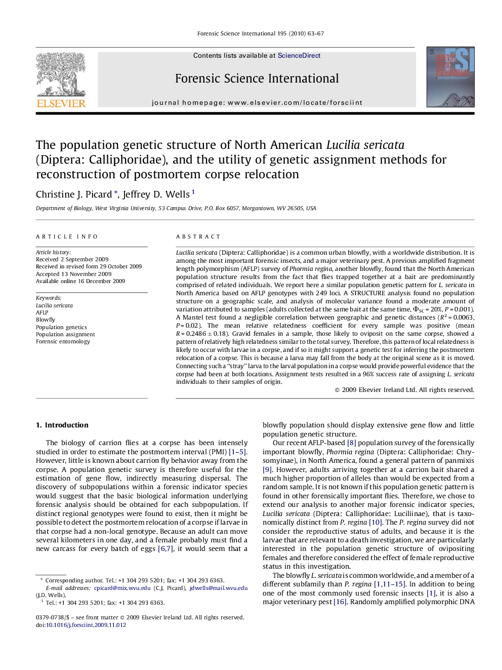 The population genetic structure of North American Lucilia sericata (Diptera: Calliphoridae), and the utility of genetic assignment methods for reconstruction of postmortem corpse relocation