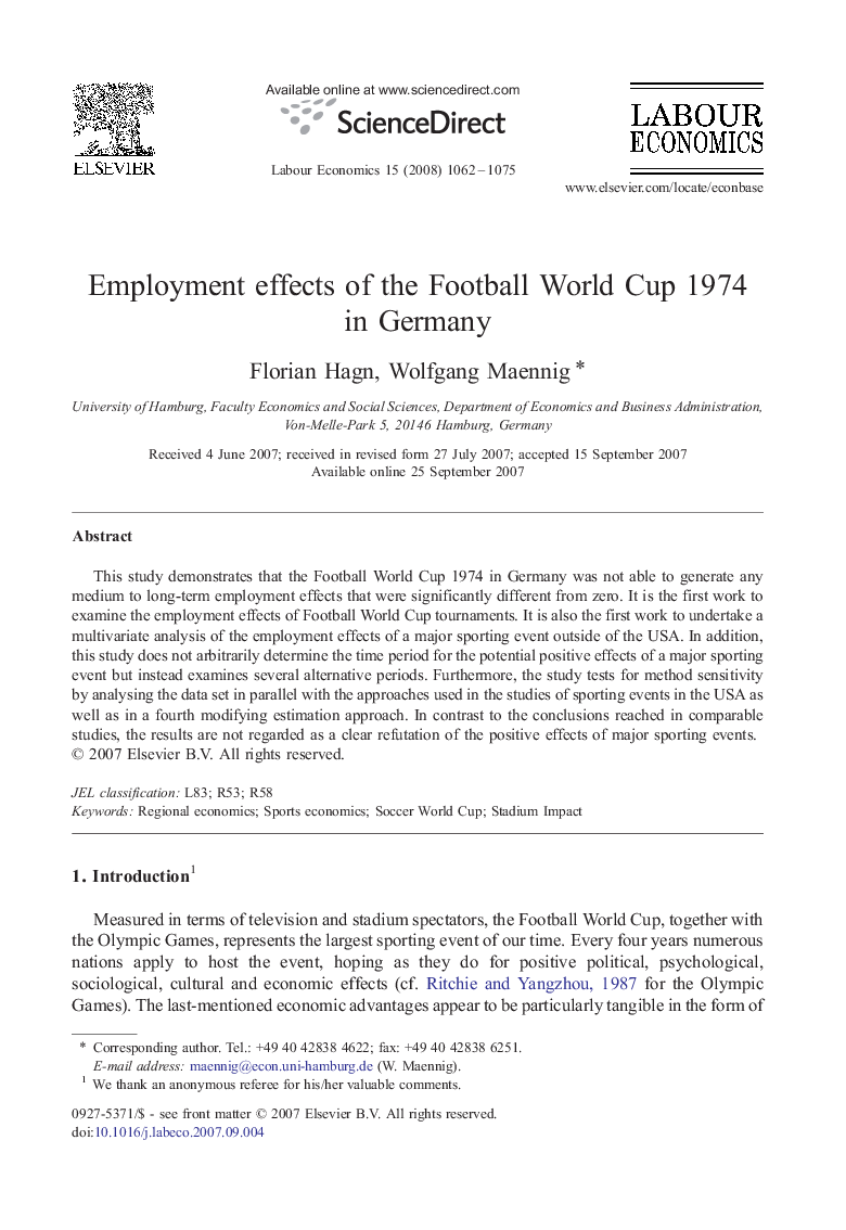 Employment effects of the Football World Cup 1974 in Germany