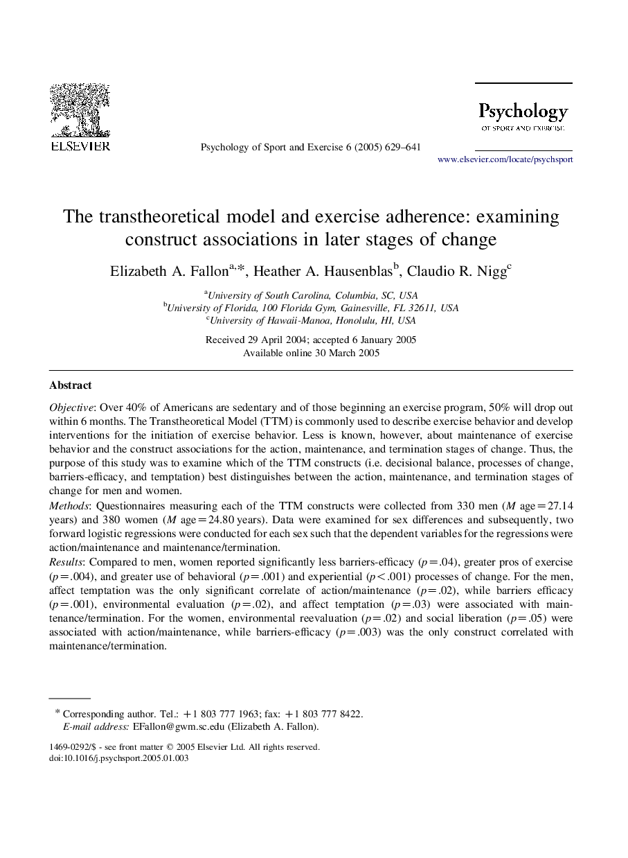 The transtheoretical model and exercise adherence: examining construct associations in later stages of change