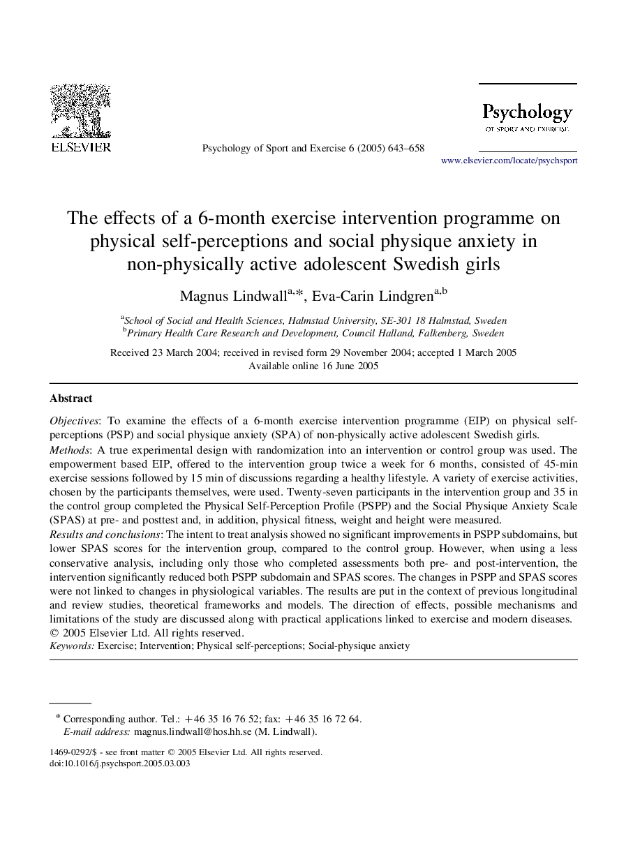 The effects of a 6-month exercise intervention programme on physical self-perceptions and social physique anxiety in non-physically active adolescent Swedish girls