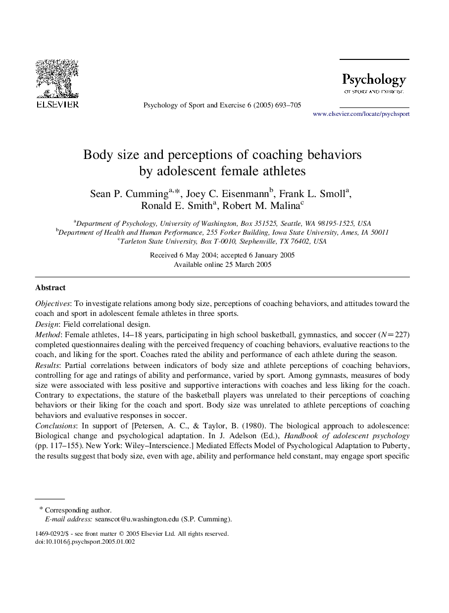 Body size and perceptions of coaching behaviors by adolescent female athletes