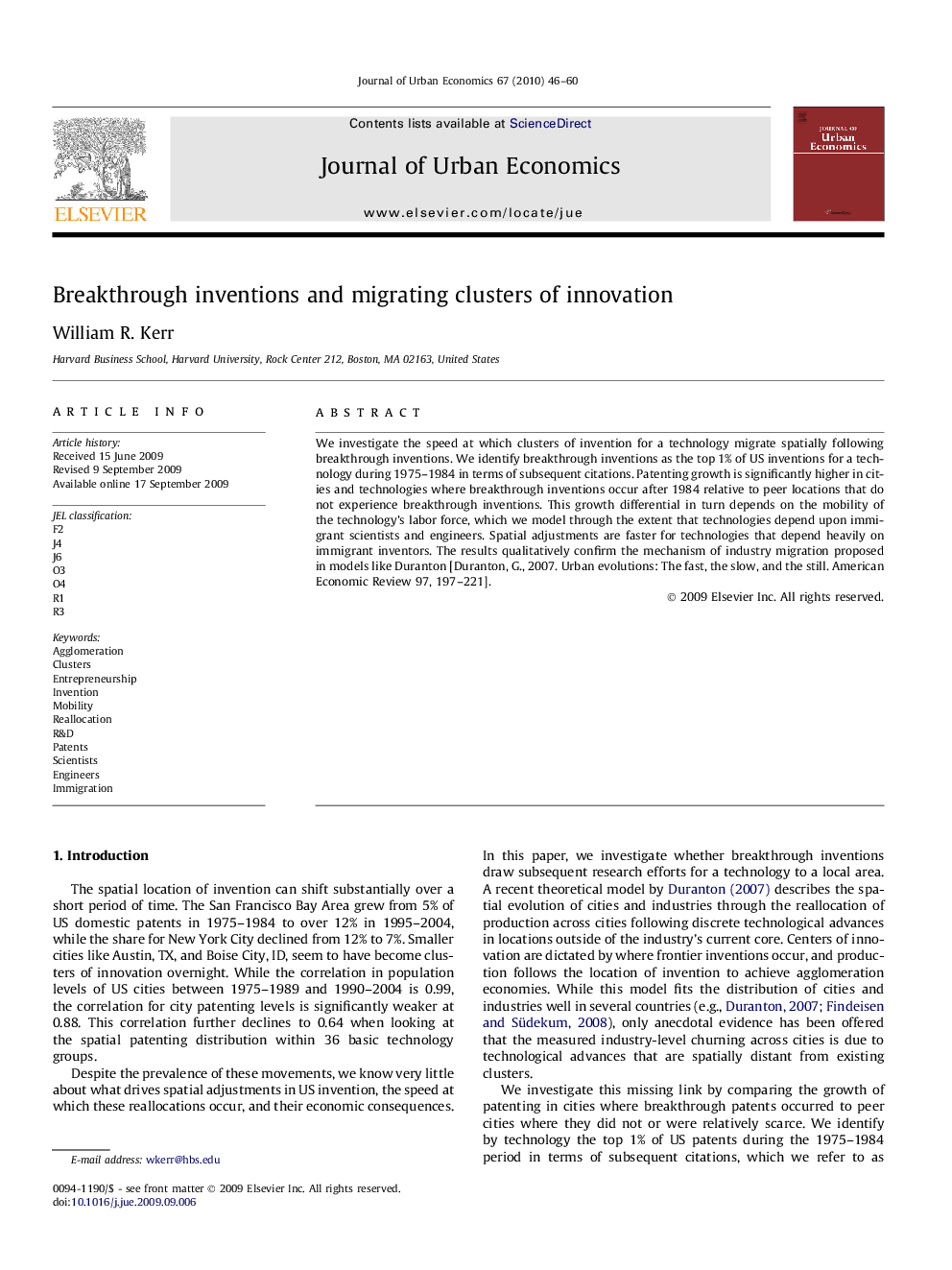 Breakthrough inventions and migrating clusters of innovation