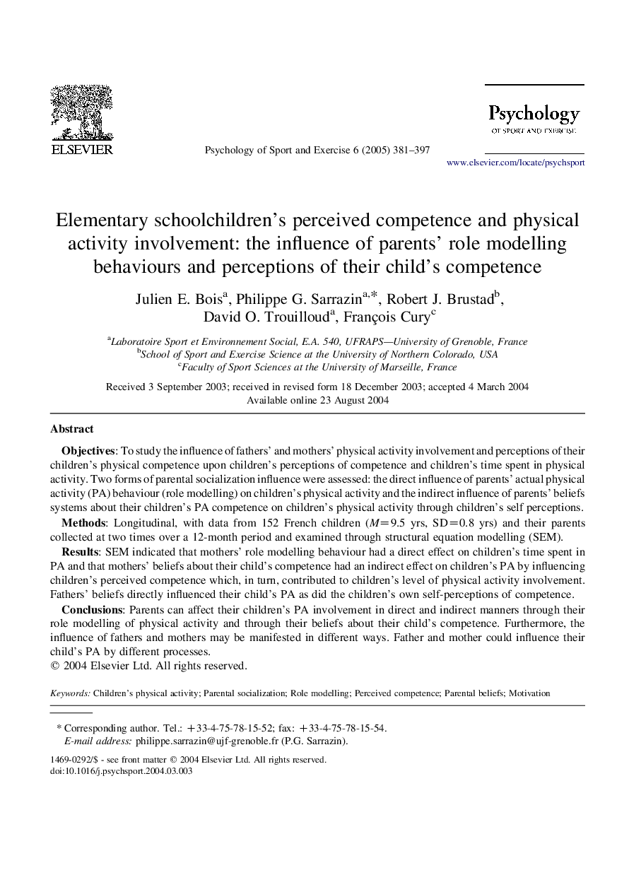 Elementary schoolchildren's perceived competence and physical activity involvement: the influence of parents' role modelling behaviours and perceptions of their child's competence