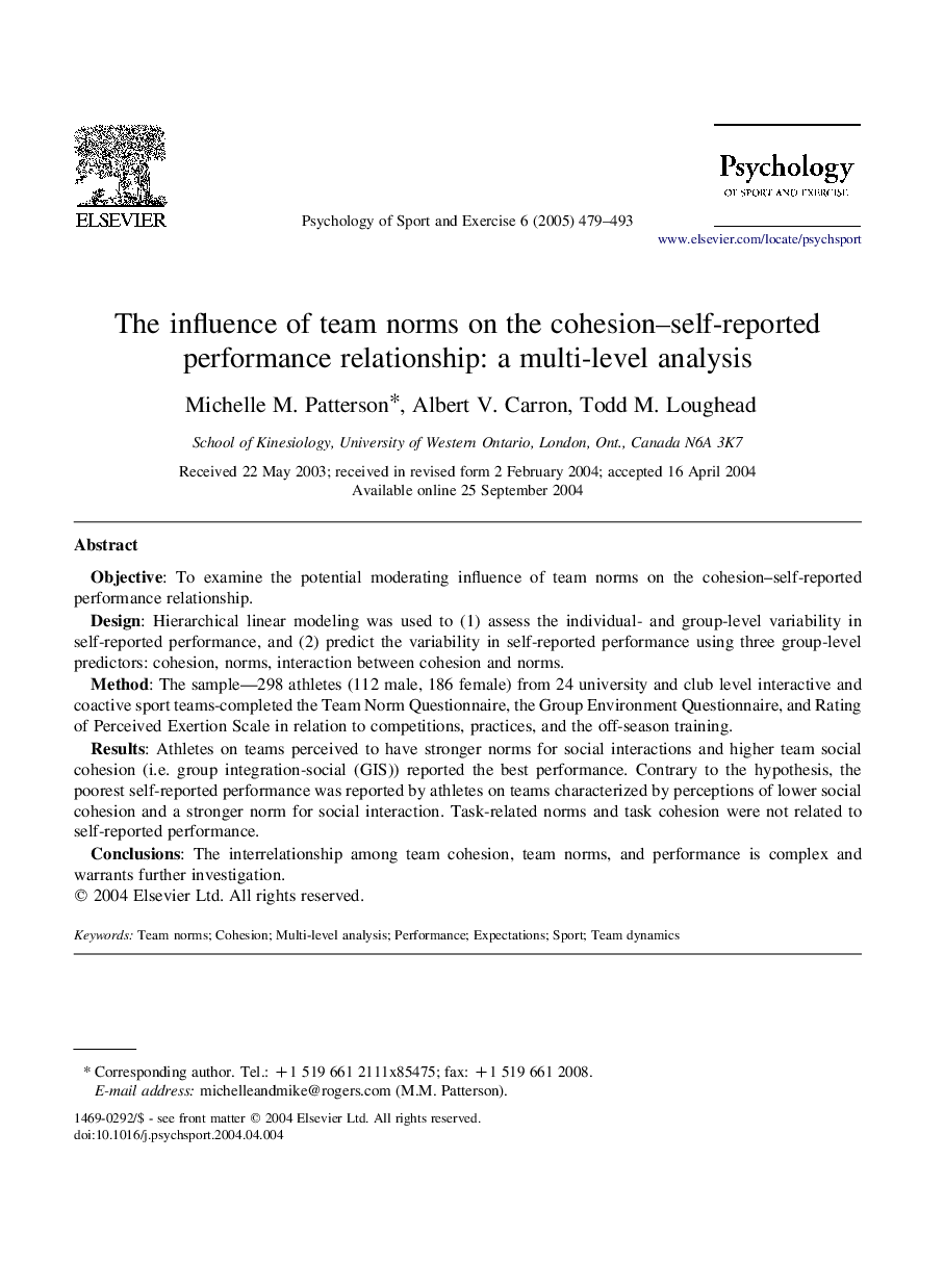 The influence of team norms on the cohesion-self-reported performance relationship: a multi-level analysis