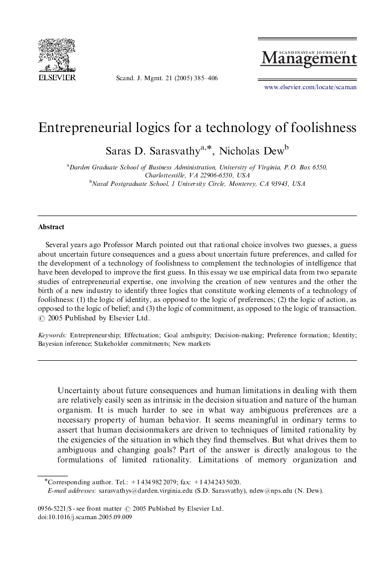 Entrepreneurial logics for a technology of foolishness