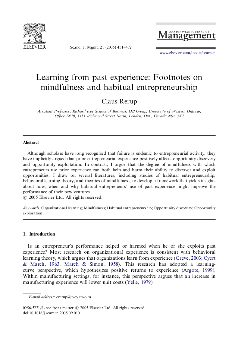 Learning from past experience: Footnotes on mindfulness and habitual entrepreneurship