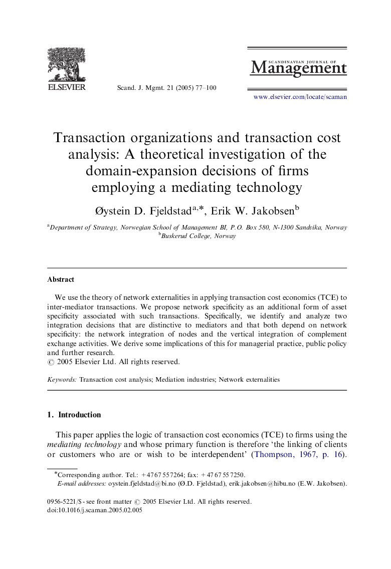 Transaction organizations and transaction cost analysis: A theoretical investigation of the domain-expansion decisions of firms employing a mediating technology