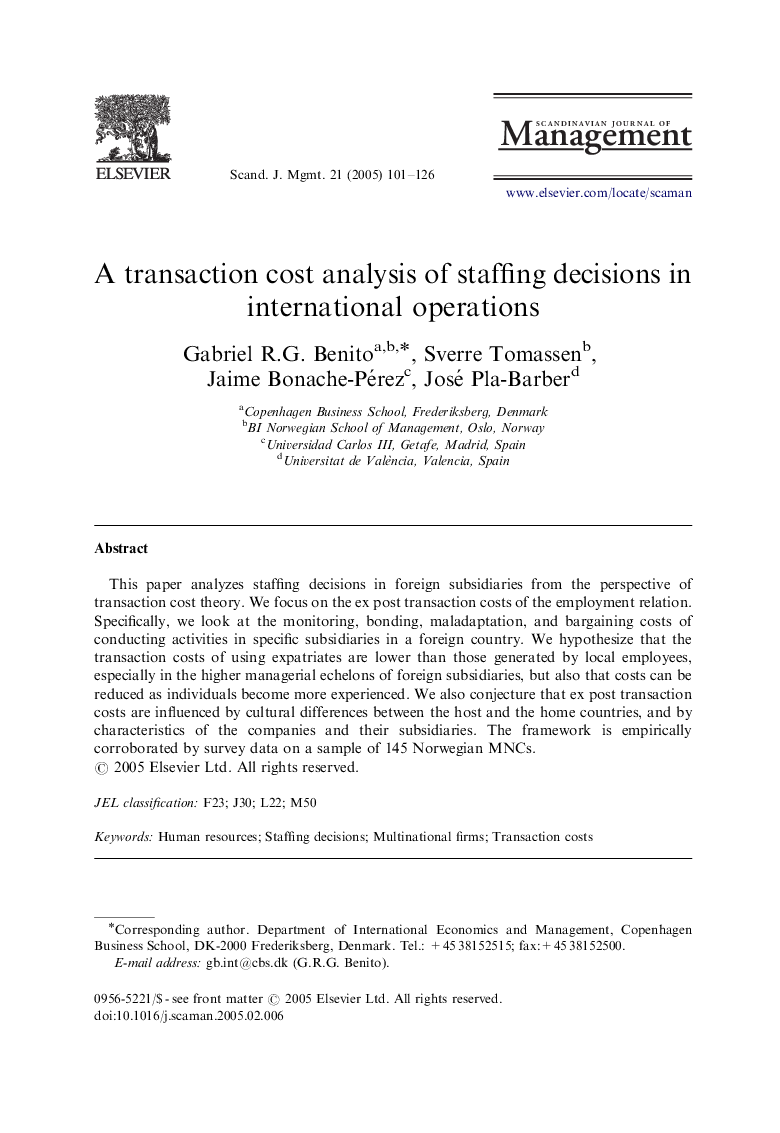 A transaction cost analysis of staffing decisions in international operations