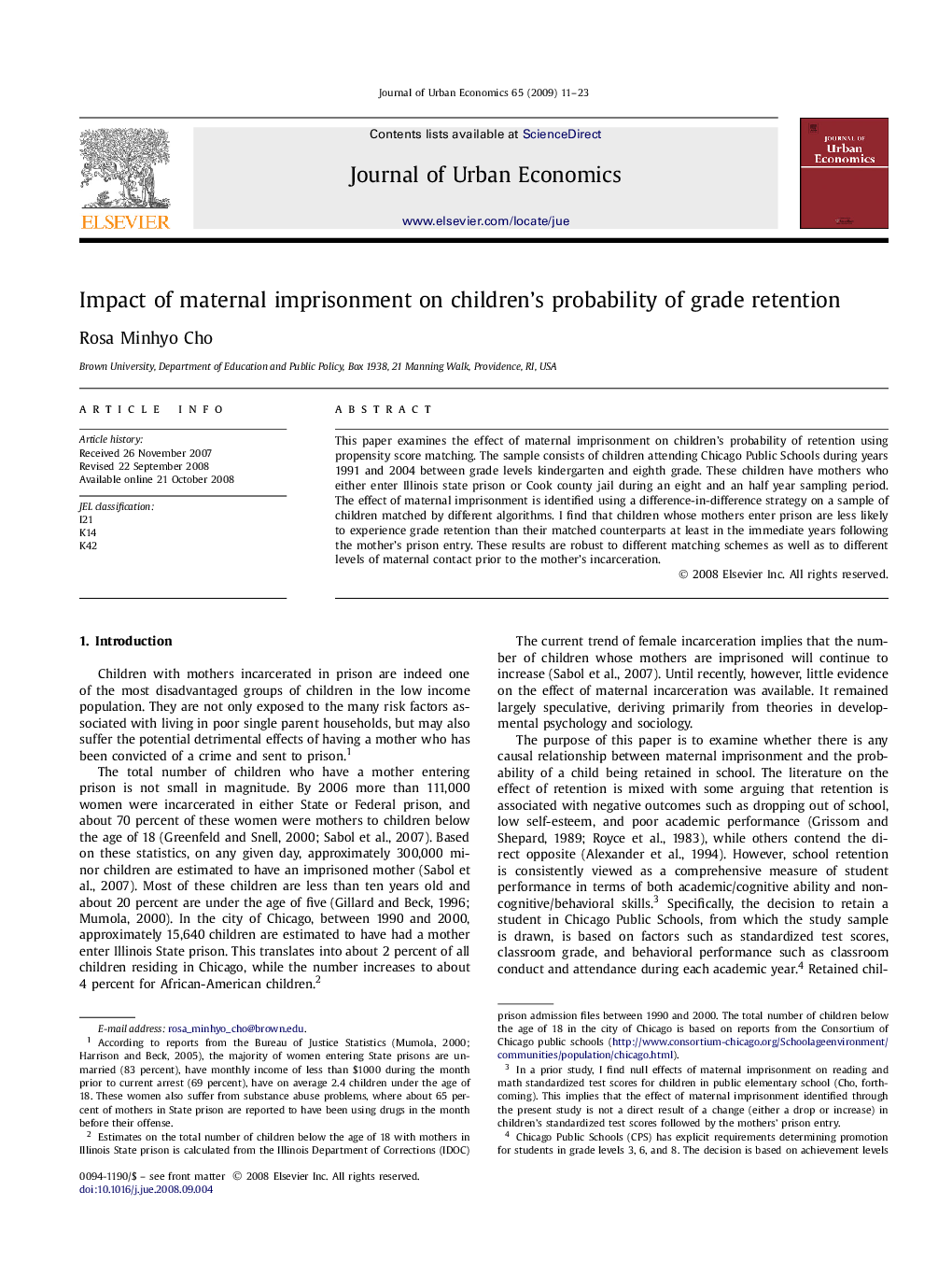 Impact of maternal imprisonment on children's probability of grade retention