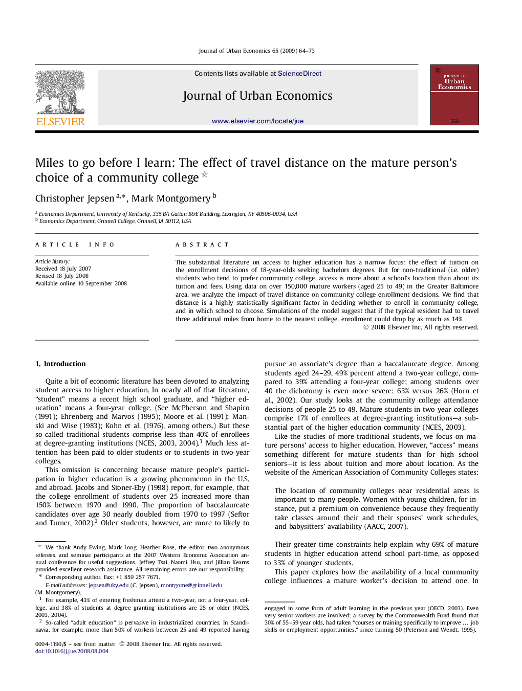 Miles to go before I learn: The effect of travel distance on the mature person's choice of a community college 