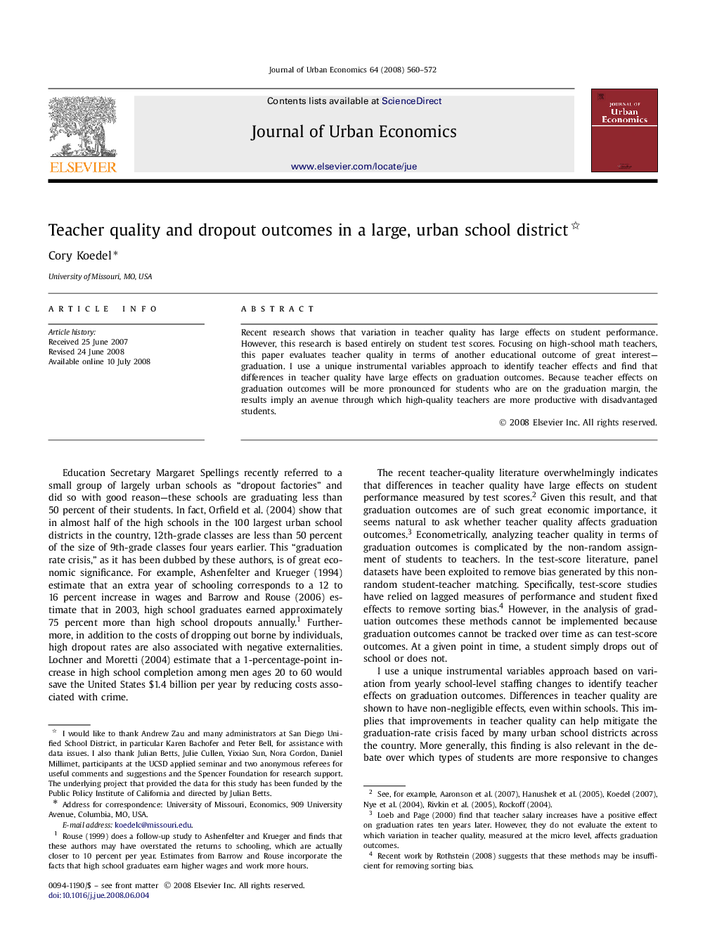 Teacher quality and dropout outcomes in a large, urban school district 
