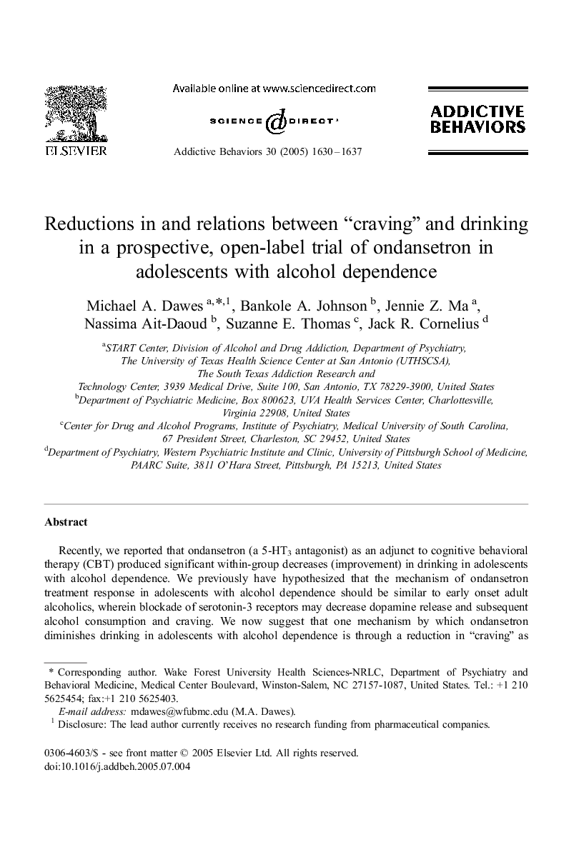 Reductions in and relations between “craving” and drinking in a prospective, open-label trial of ondansetron in adolescents with alcohol dependence