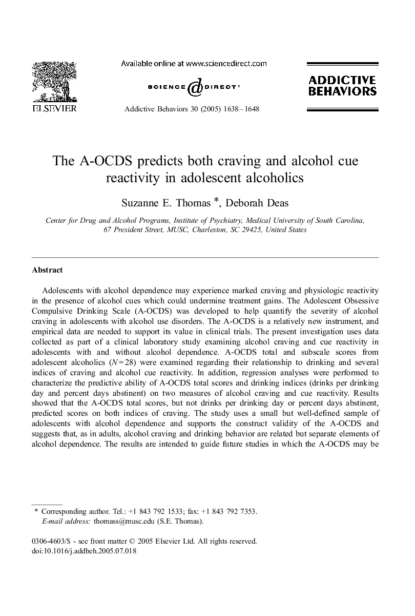 The A-OCDS predicts both craving and alcohol cue reactivity in adolescent alcoholics