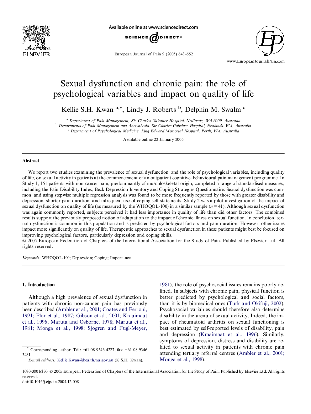 Sexual dysfunction and chronic pain: the role of psychological variables and impact on quality of life