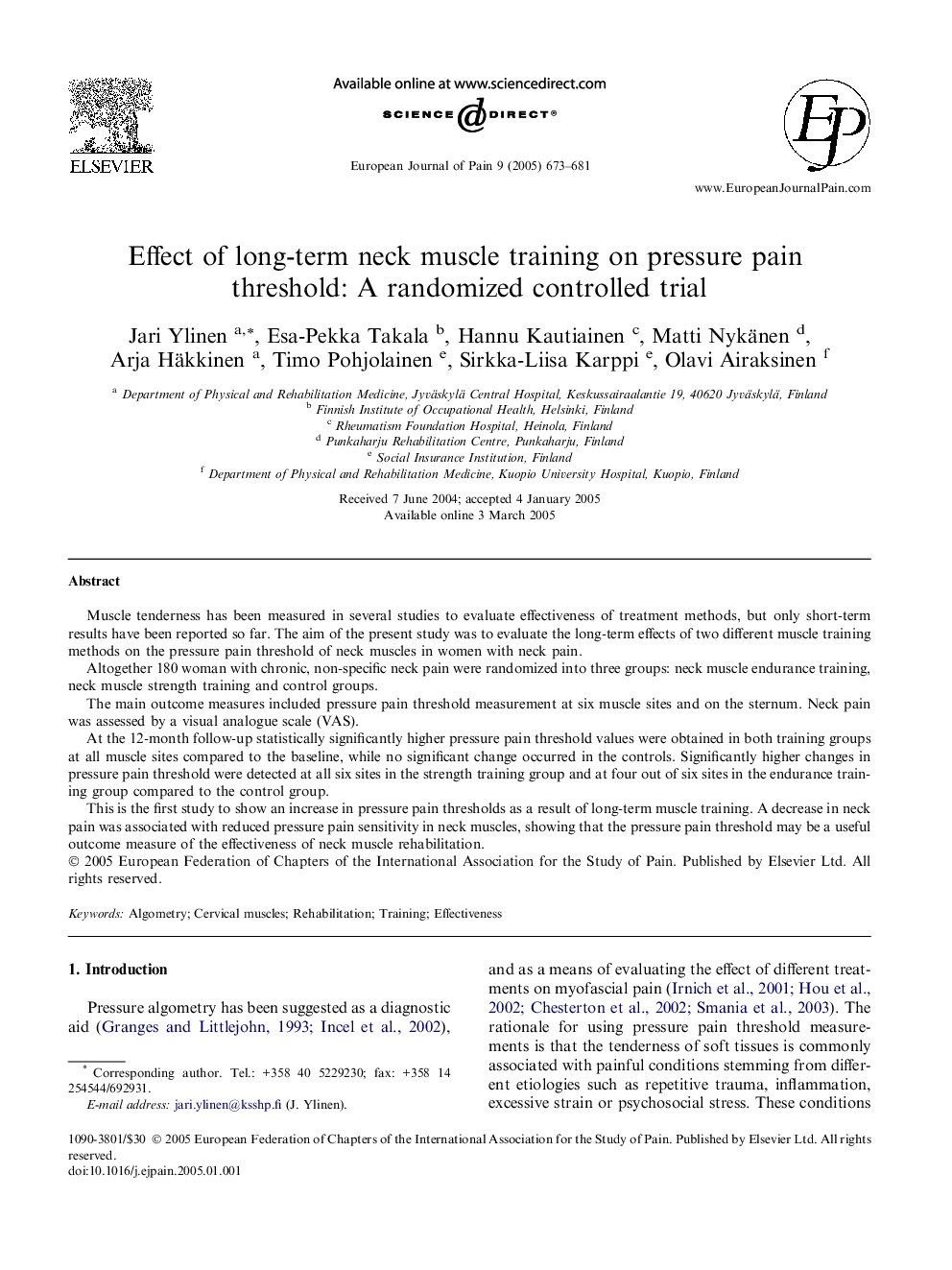 Effect of long-term neck muscle training on pressure pain threshold: A randomized controlled trial