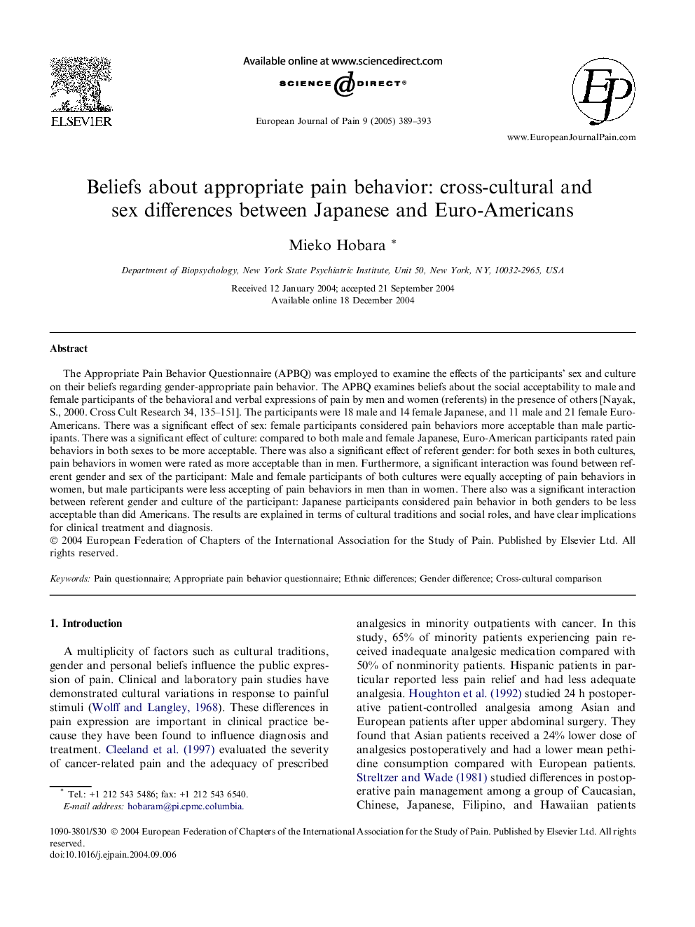 Beliefs about appropriate pain behavior: cross-cultural and sex differences between Japanese and Euro-Americans