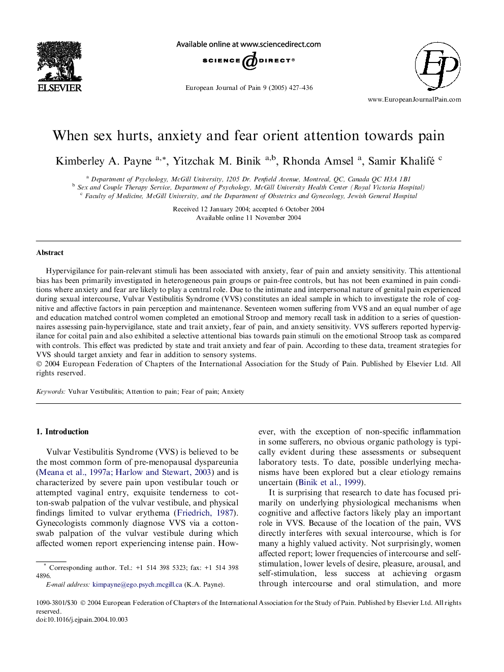 When sex hurts, anxiety and fear orient attention towards pain