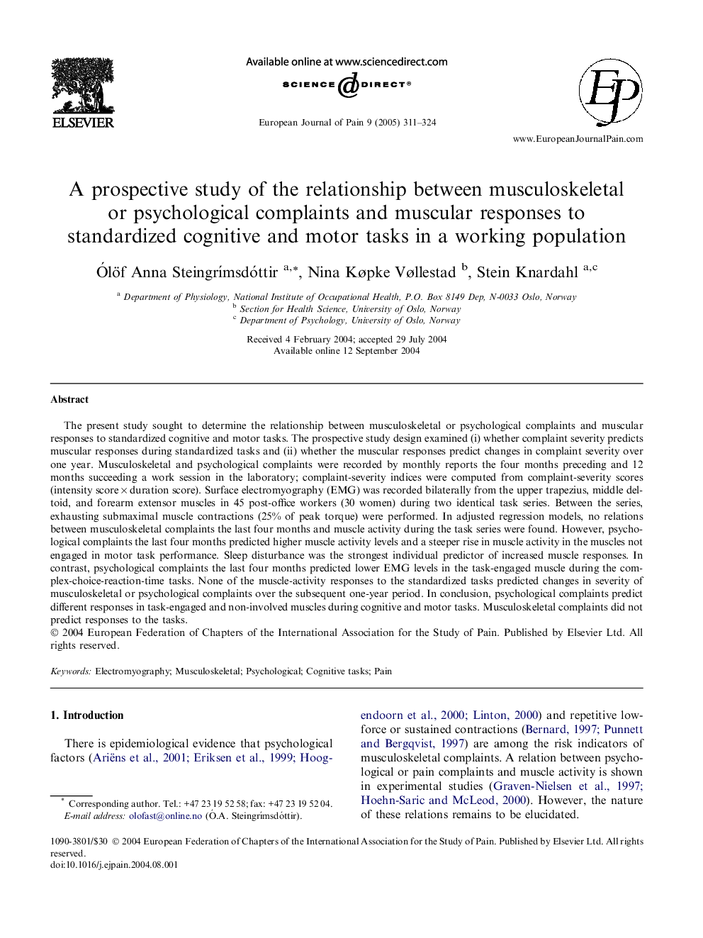 A prospective study of the relationship between musculoskeletal or psychological complaints and muscular responses to standardized cognitive and motor tasks in a working population