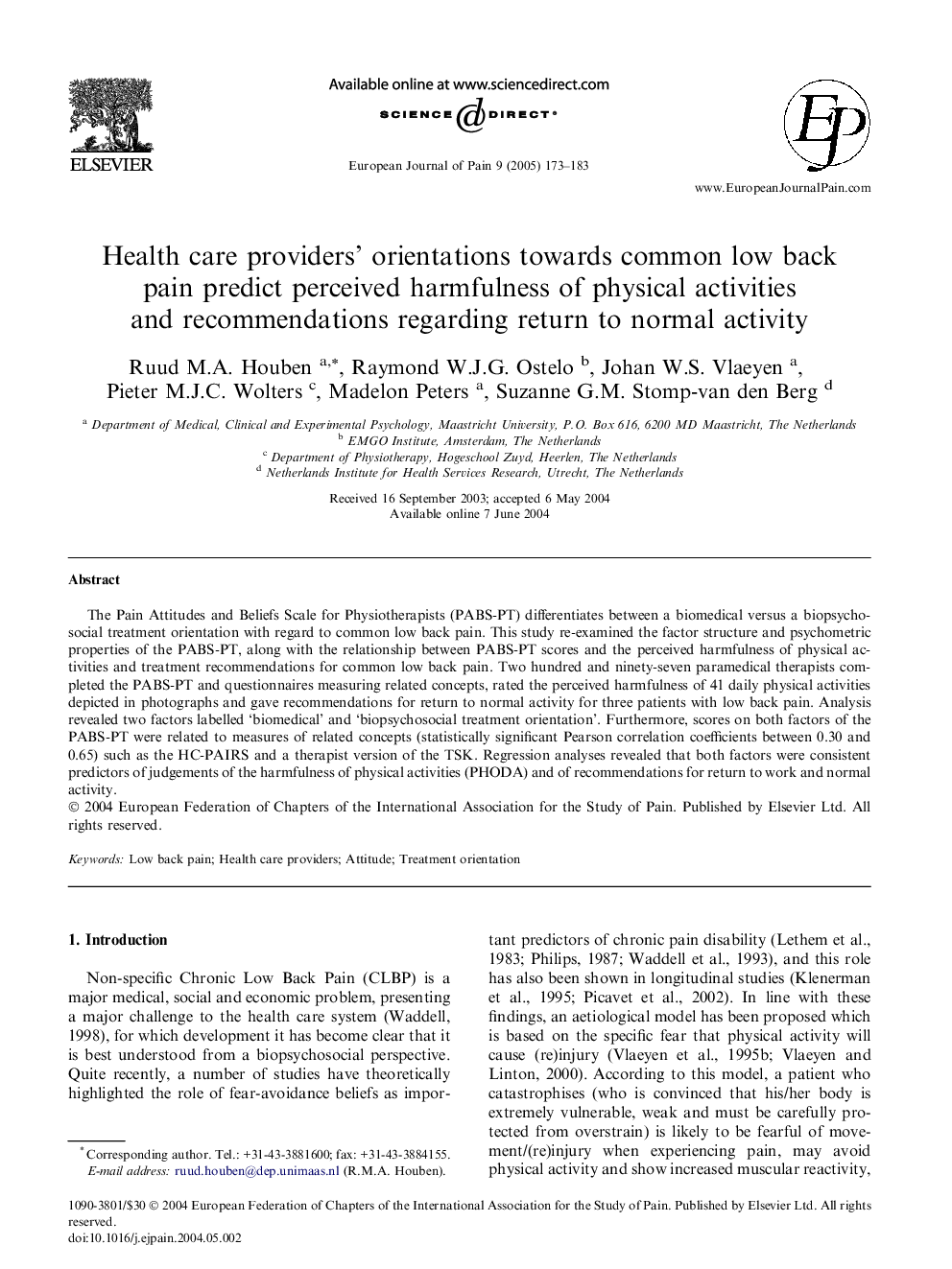 Health care providers' orientations towards common low back pain predict perceived harmfulness of physical activities and recommendations regarding return to normal activity