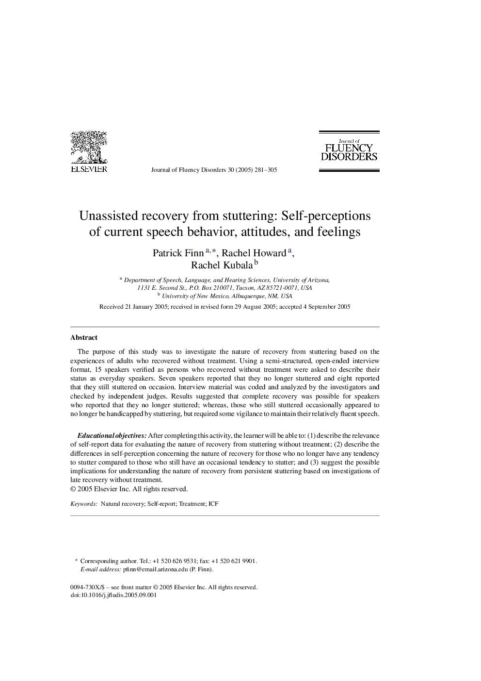 Unassisted recovery from stuttering: Self-perceptions of current speech behavior, attitudes, and feelings