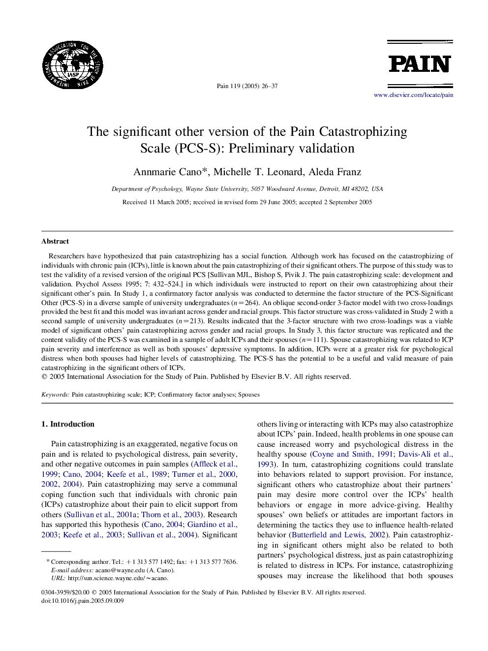 The significant other version of the Pain Catastrophizing Scale (PCS-S): Preliminary validation