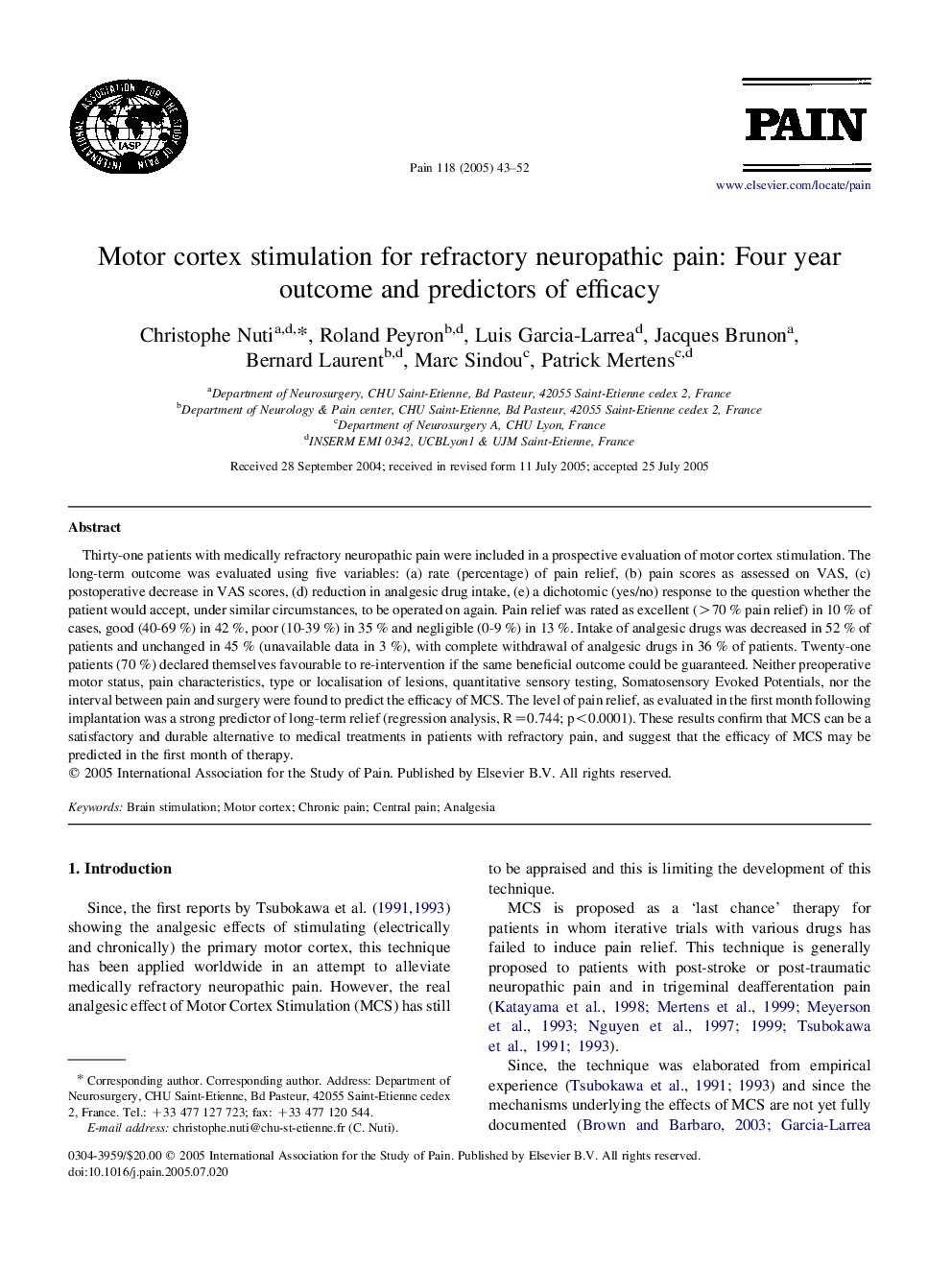 Motor cortex stimulation for refractory neuropathic pain: Four year outcome and predictors of efficacy