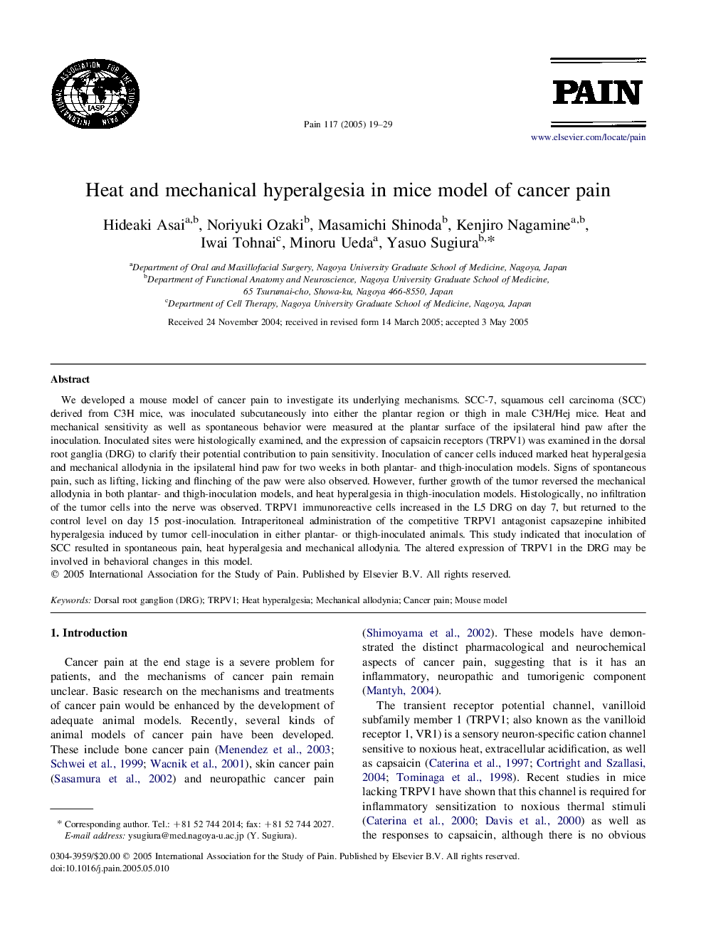 Heat and mechanical hyperalgesia in mice model of cancer pain