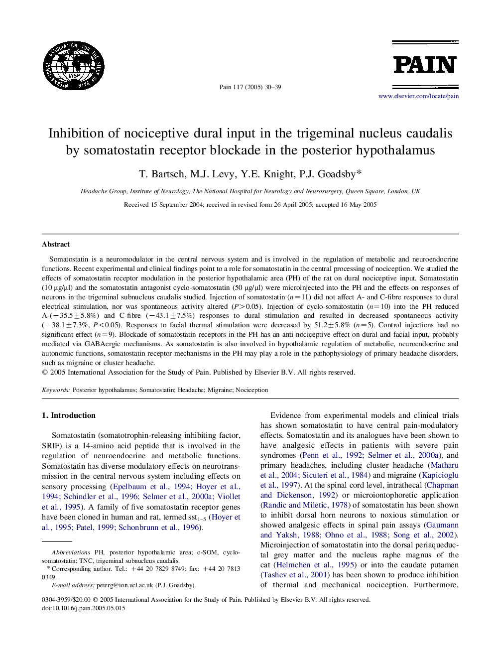 Inhibition of nociceptive dural input in the trigeminal nucleus caudalis by somatostatin receptor blockade in the posterior hypothalamus