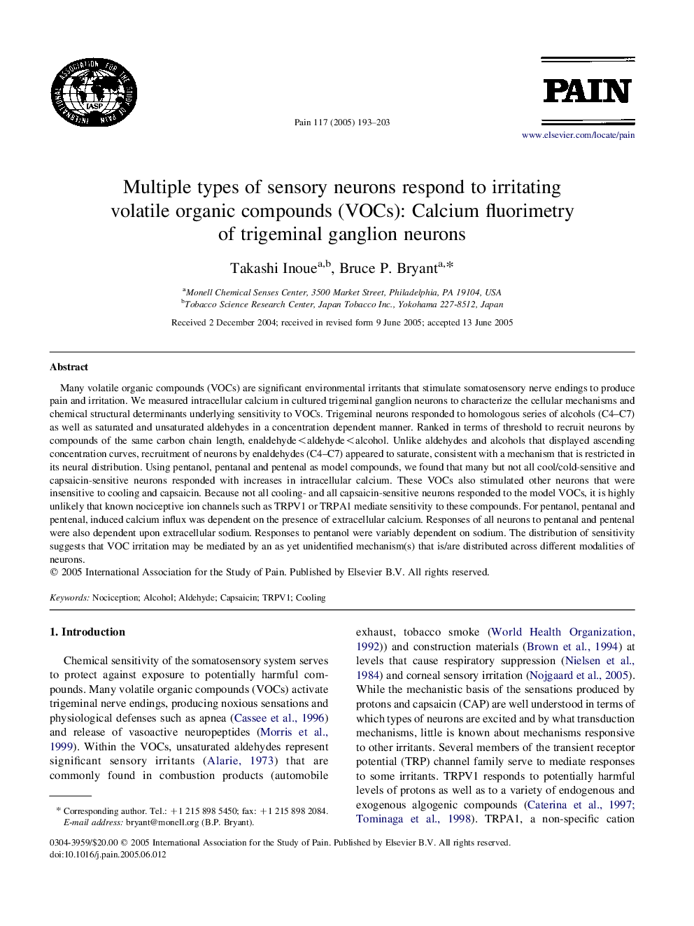 Multiple types of sensory neurons respond to irritating volatile organic compounds (VOCs): Calcium fluorimetry of trigeminal ganglion neurons