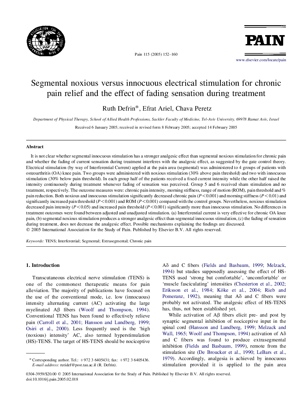 Segmental noxious versus innocuous electrical stimulation for chronic pain relief and the effect of fading sensation during treatment