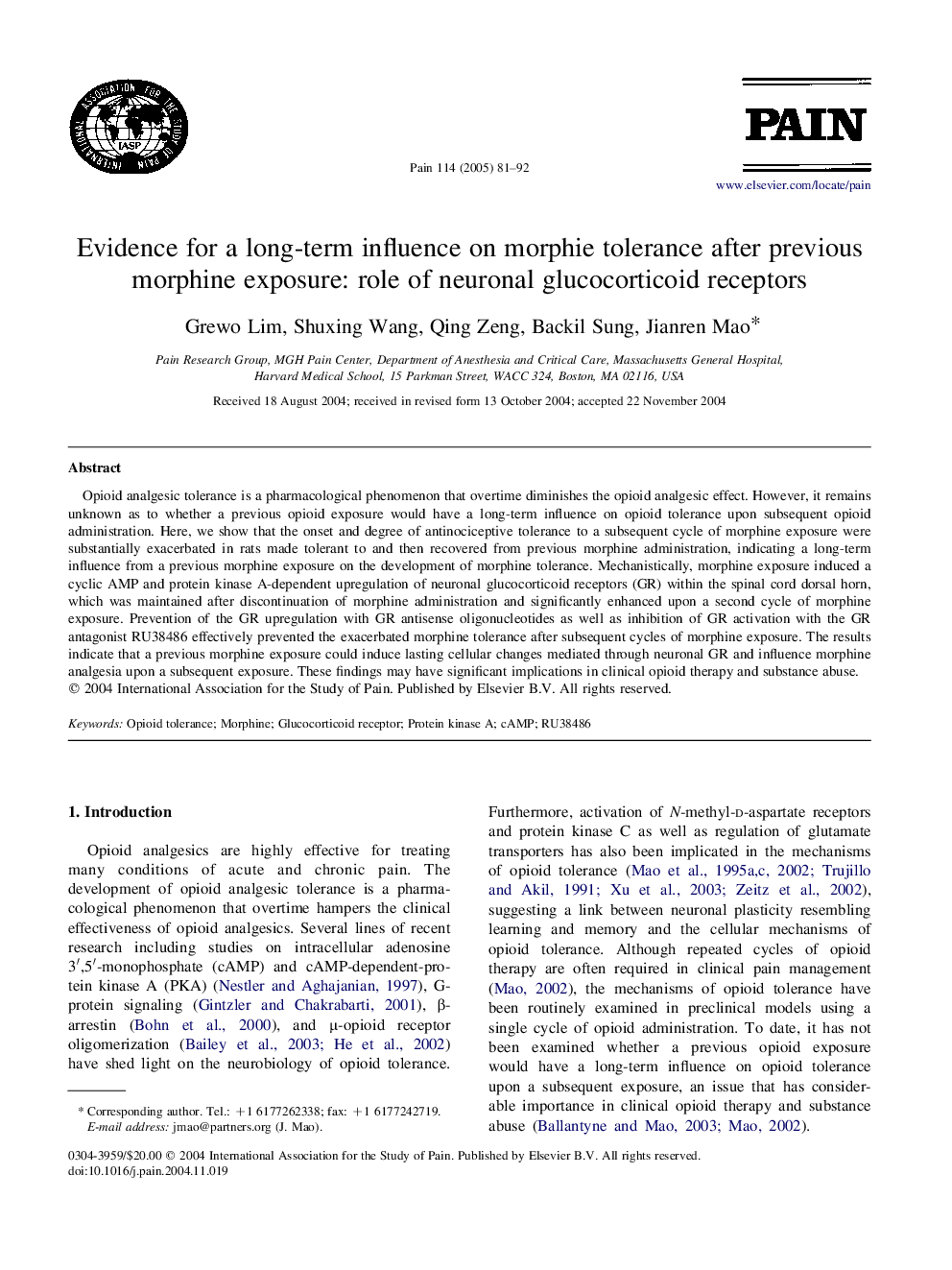 Evidence for a long-term influence on morphie tolerance after previous morphine exposure: role of neuronal glucocorticoid receptors