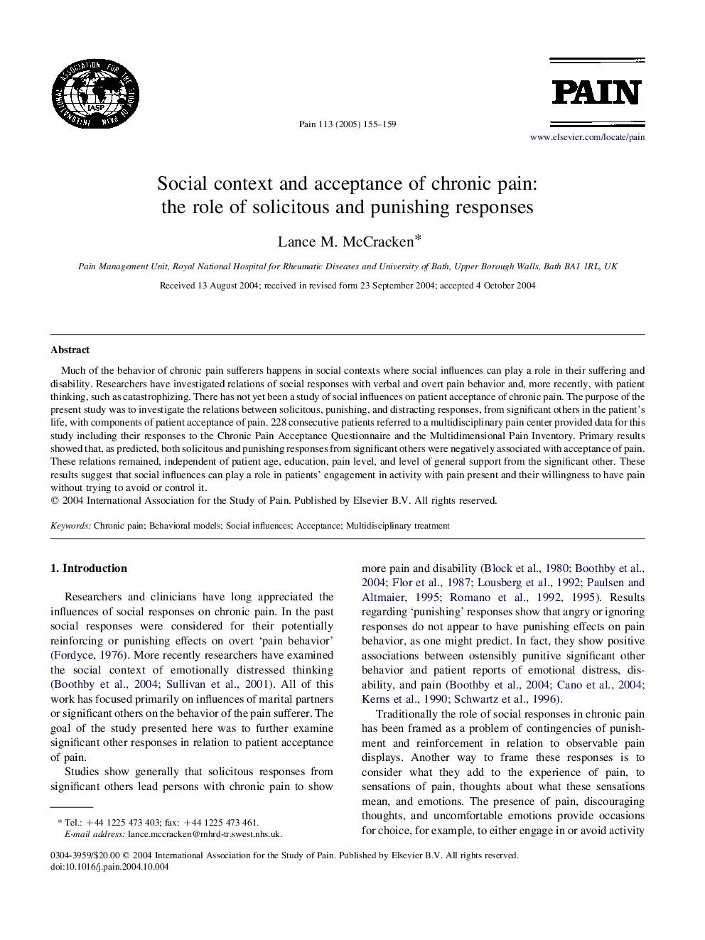 Social context and acceptance of chronic pain: the role of solicitous and punishing responses