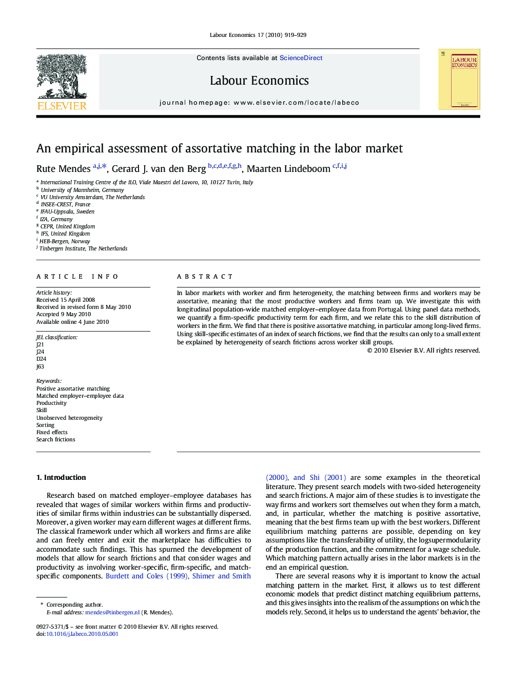 An empirical assessment of assortative matching in the labor market