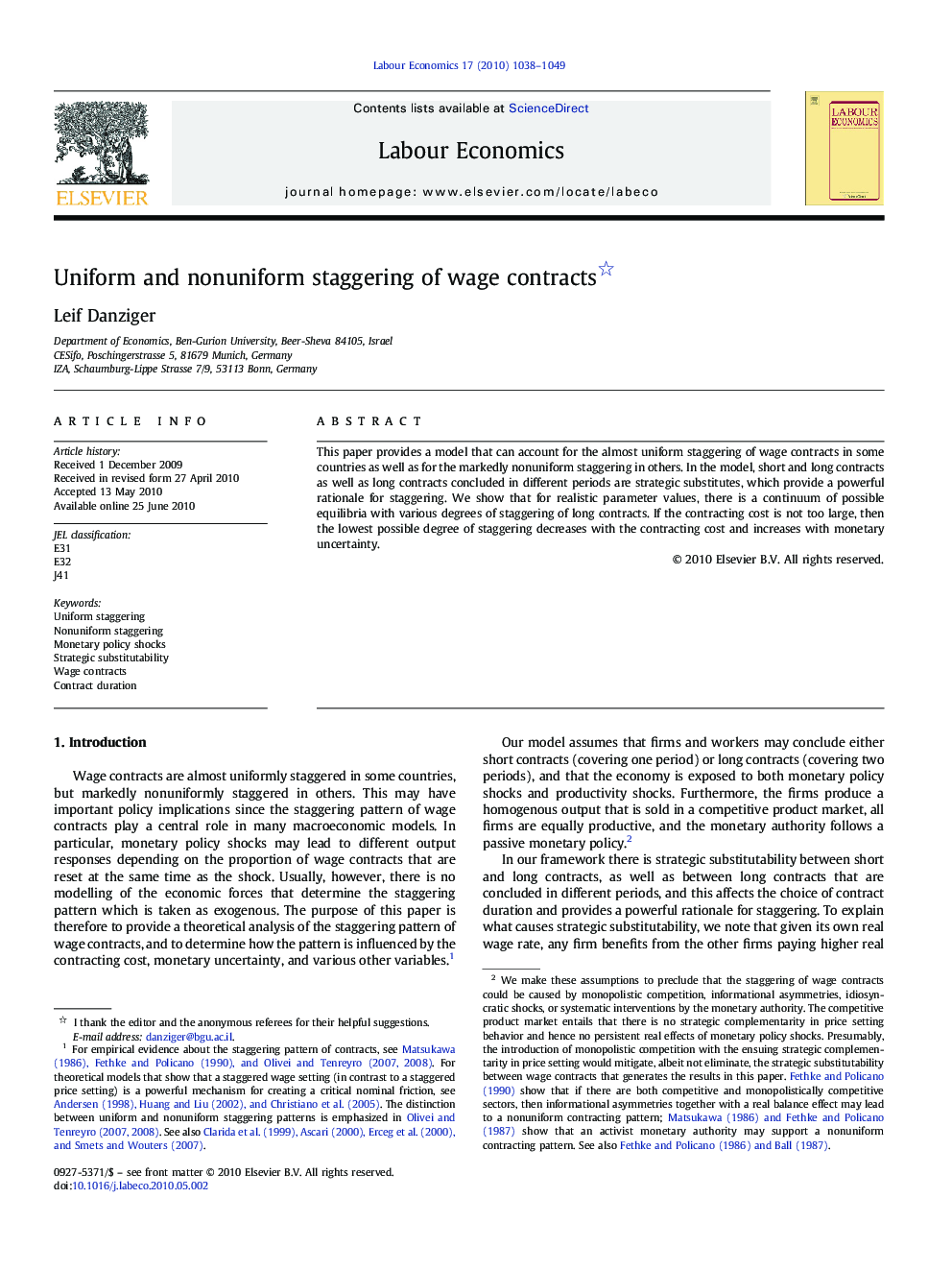 Uniform and nonuniform staggering of wage contracts 