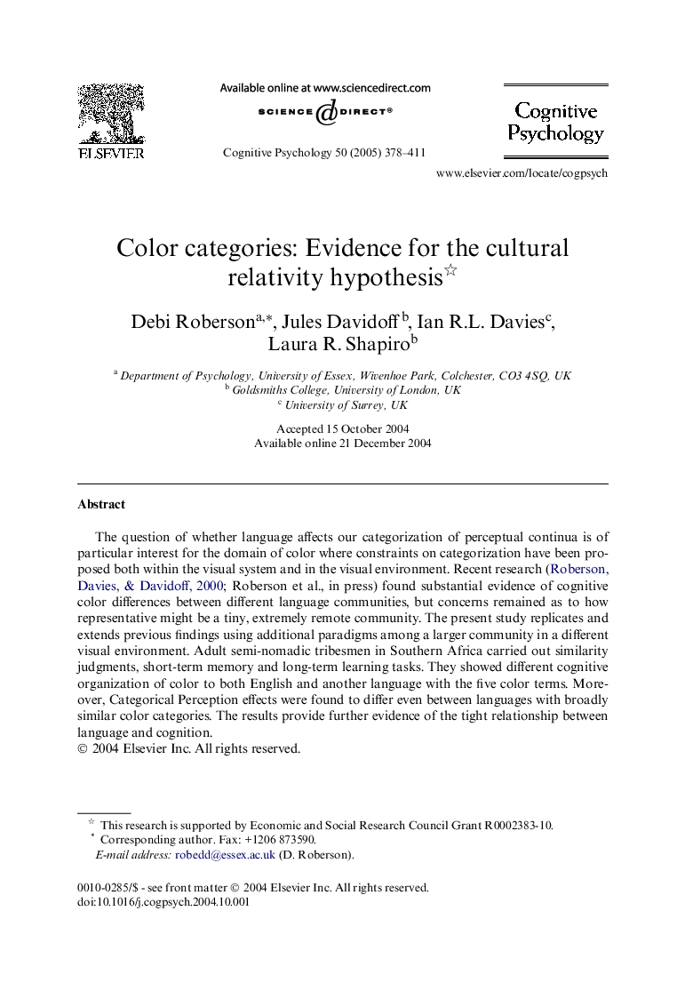 Color categories: Evidence for the cultural relativity hypothesis