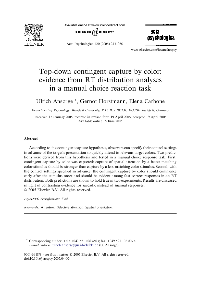 Top-down contingent capture by color: evidence from RT distribution analyses in a manual choice reaction task