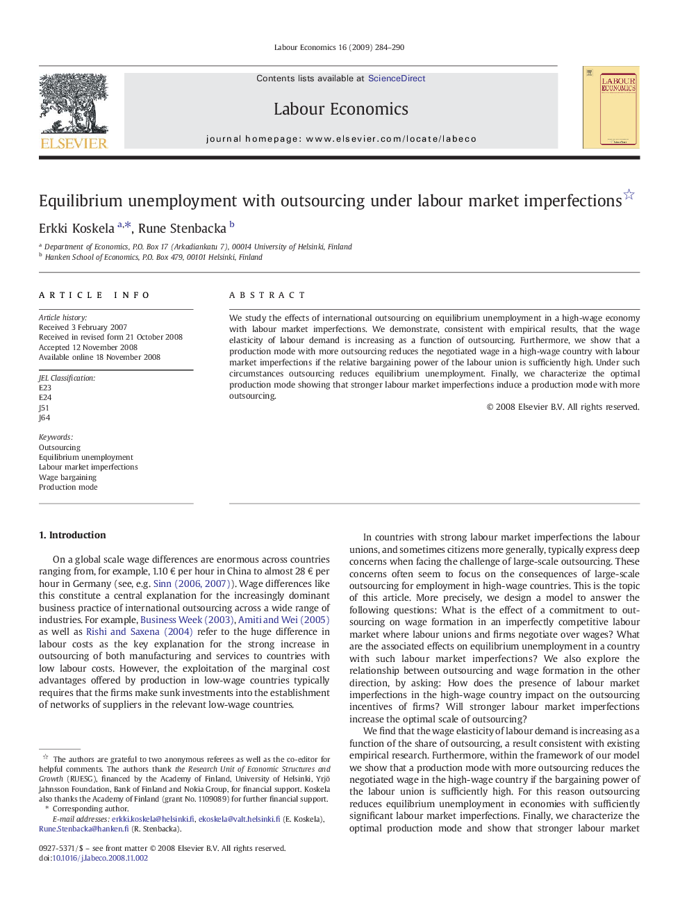 Equilibrium unemployment with outsourcing under labour market imperfections 