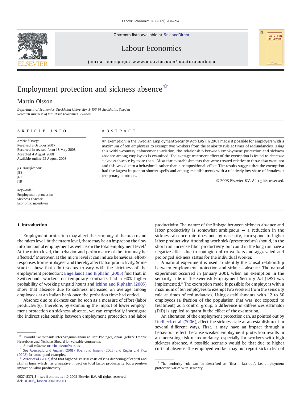 Employment protection and sickness absence 