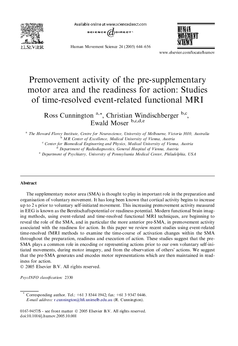 Premovement activity of the pre-supplementary motor area and the readiness for action: Studies of time-resolved event-related functional MRI