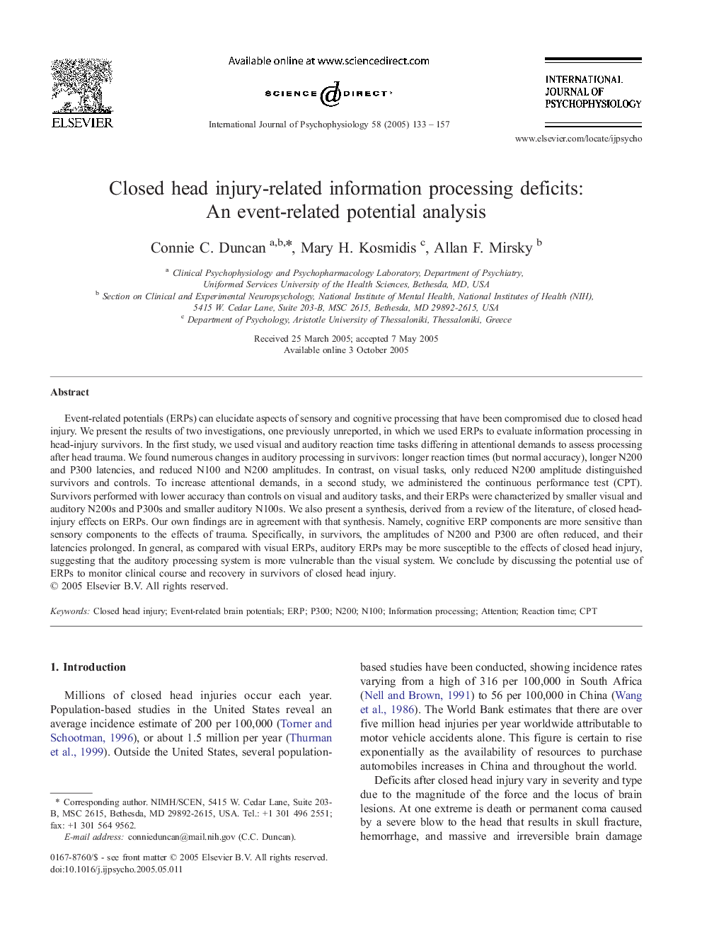 Closed head injury-related information processing deficits: An event-related potential analysis