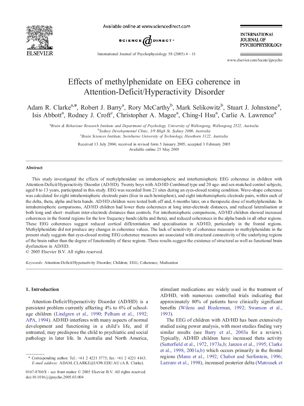 Effects of methylphenidate on EEG coherence in Attention-Deficit/Hyperactivity Disorder