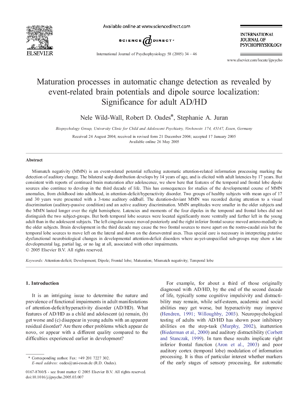 Maturation processes in automatic change detection as revealed by event-related brain potentials and dipole source localization: Significance for adult AD/HD