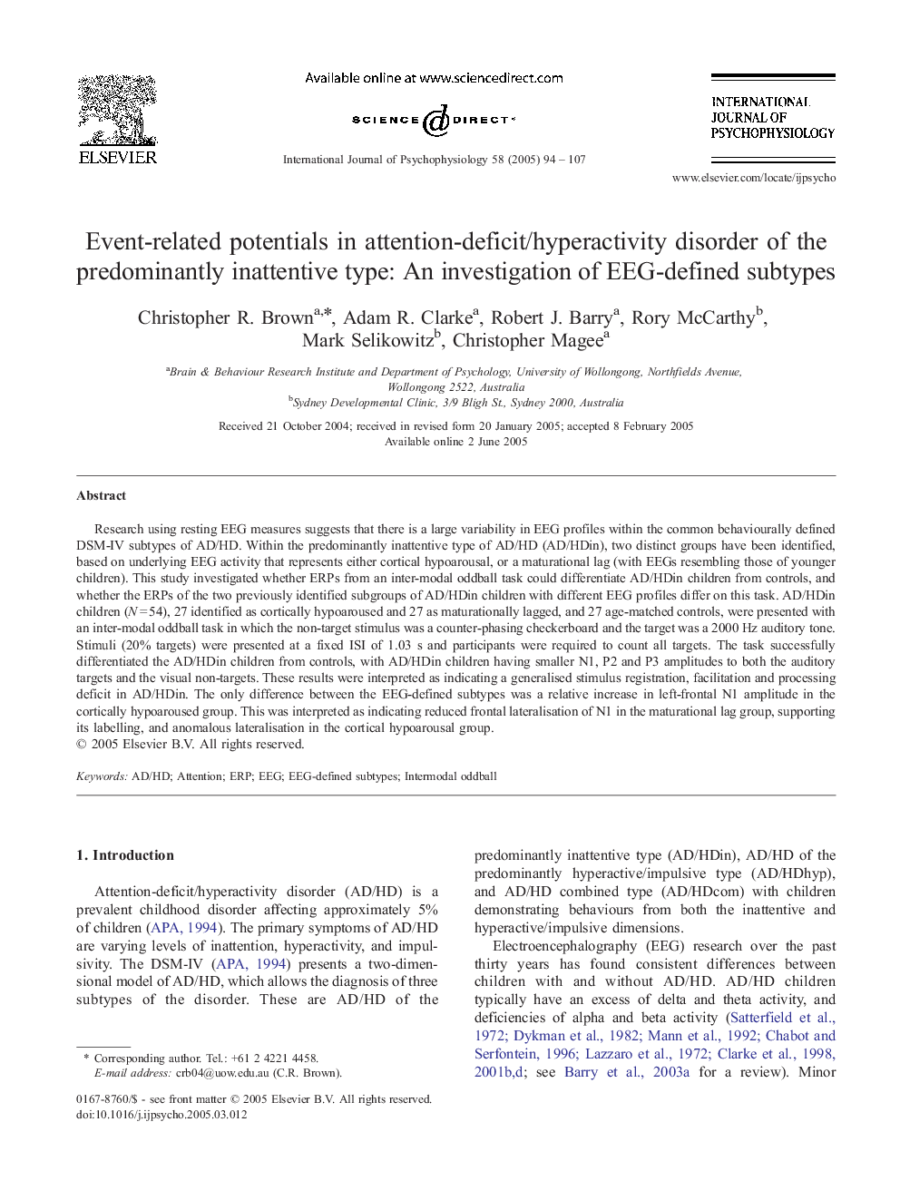 Event-related potentials in attention-deficit/hyperactivity disorder of the predominantly inattentive type: An investigation of EEG-defined subtypes