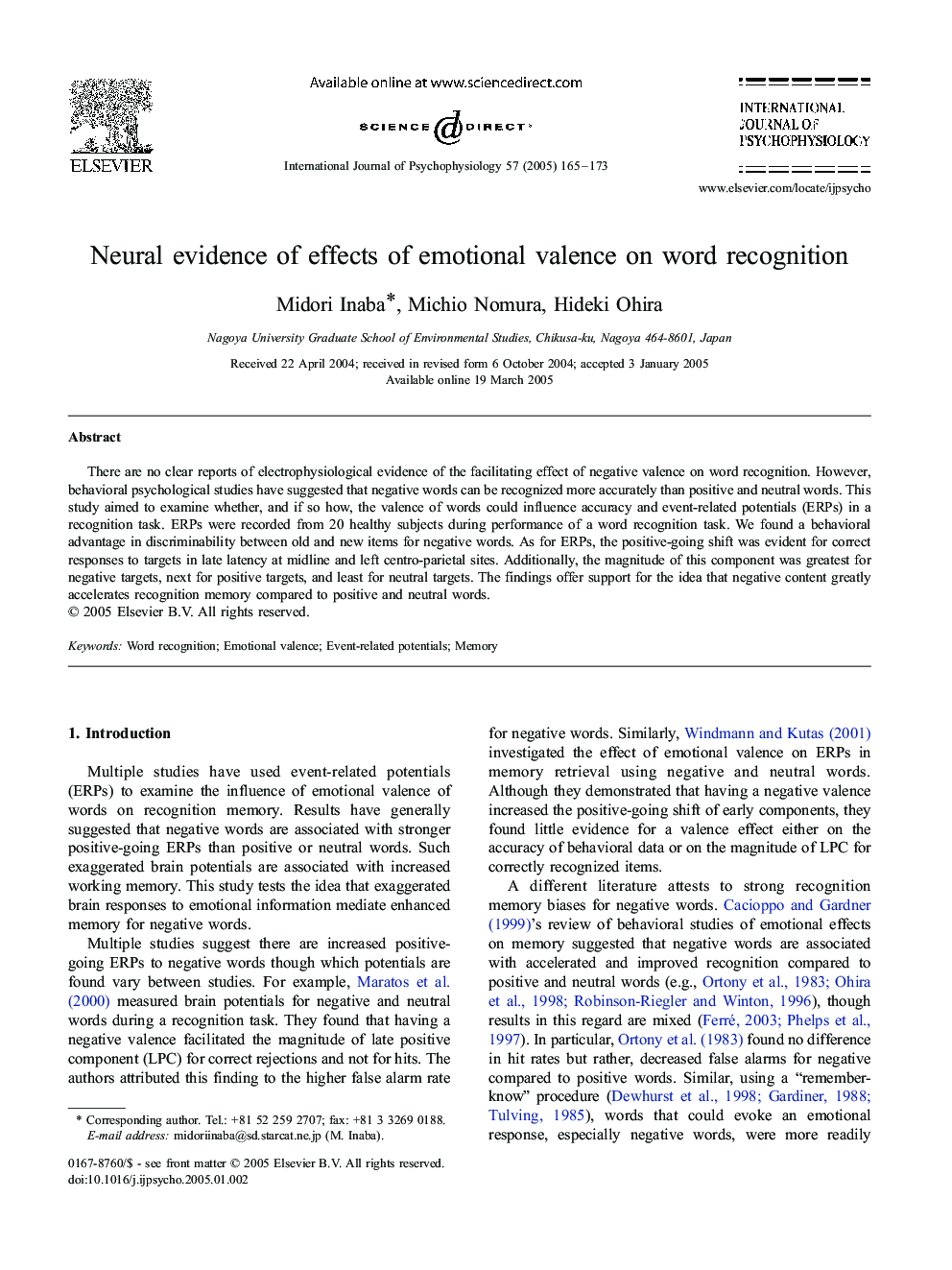 Neural evidence of effects of emotional valence on word recognition