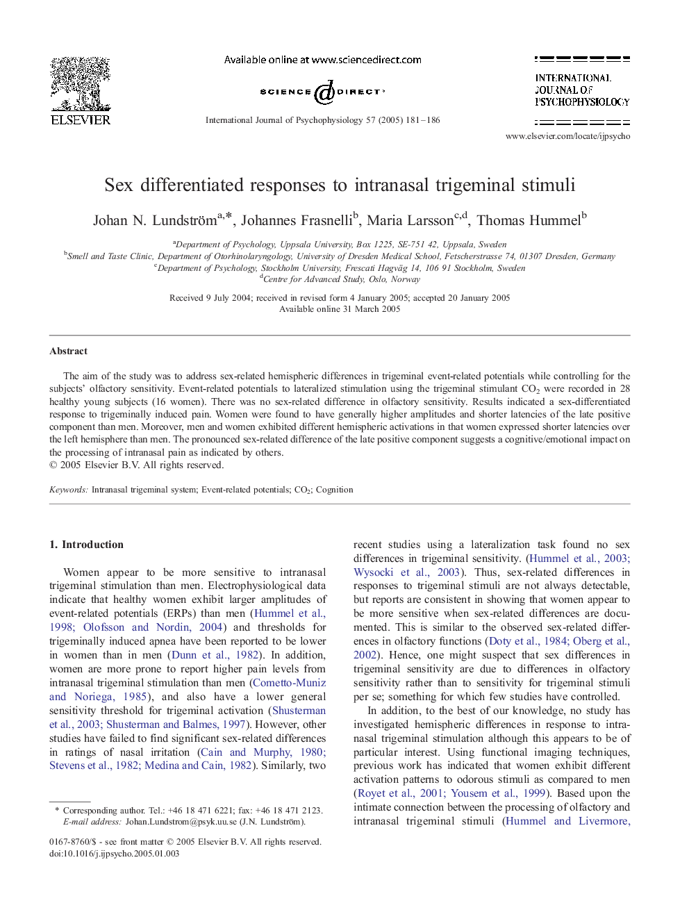Sex differentiated responses to intranasal trigeminal stimuli
