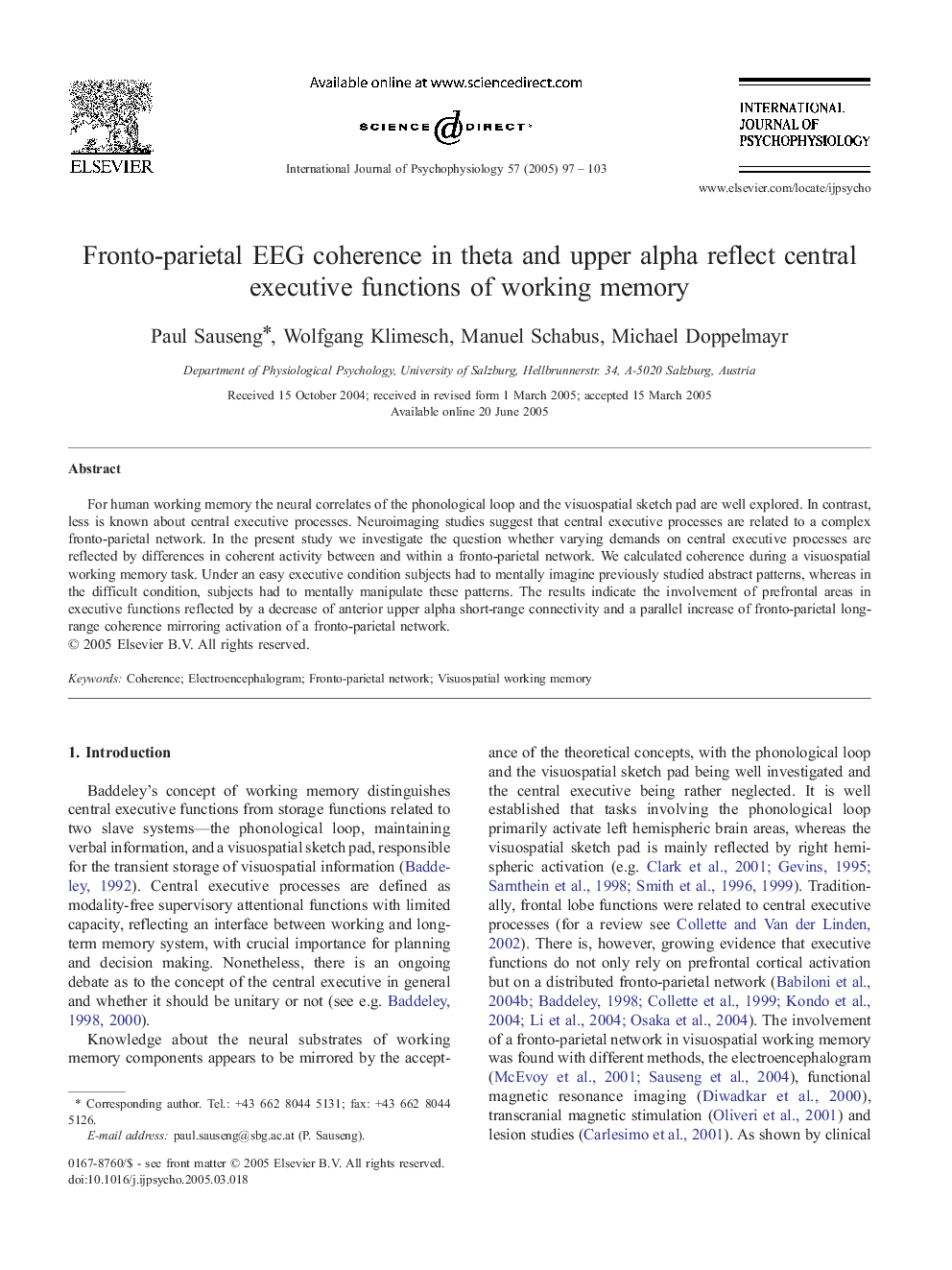 Fronto-parietal EEG coherence in theta and upper alpha reflect central executive functions of working memory