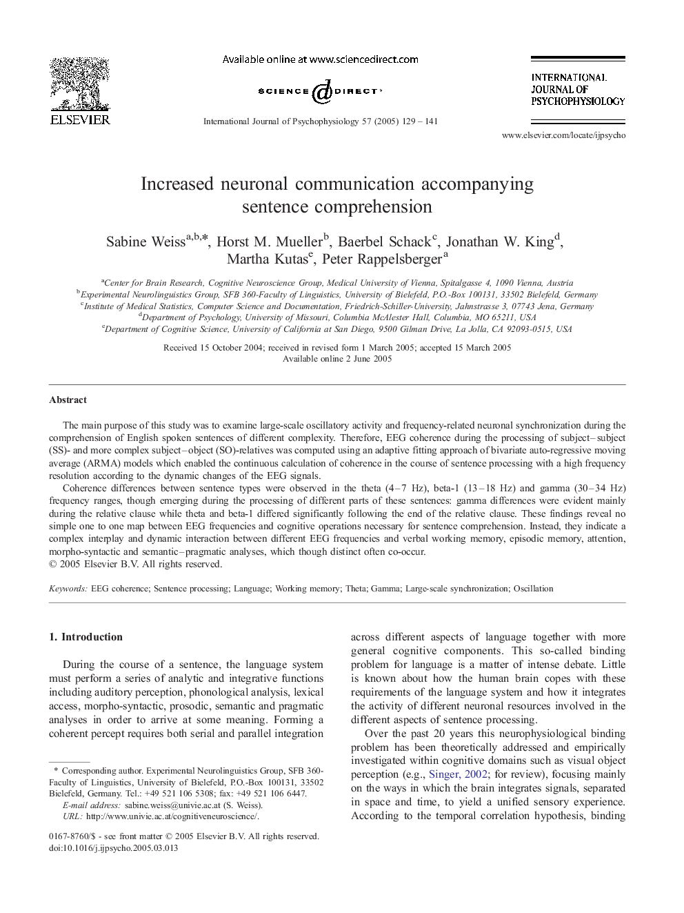 Increased neuronal communication accompanying sentence comprehension