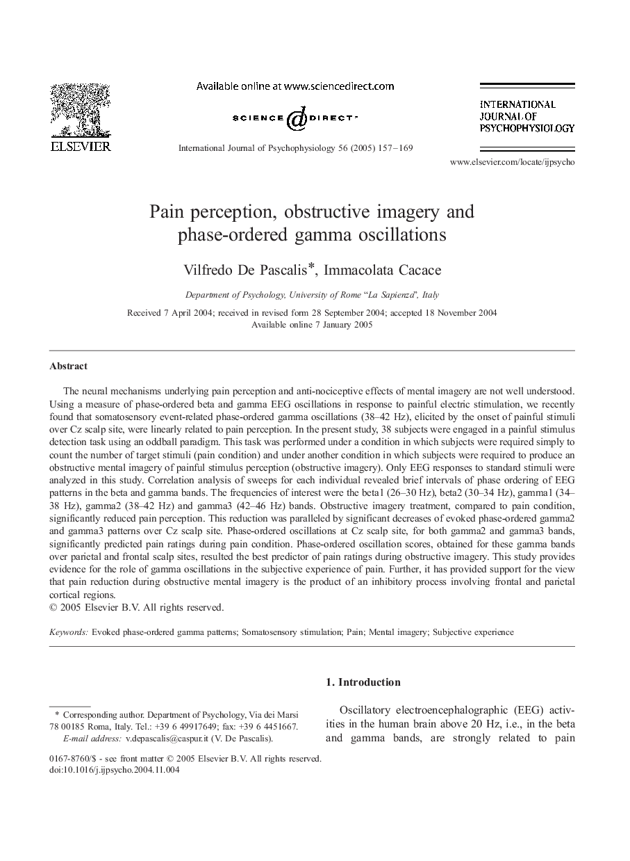 Pain perception, obstructive imagery and phase-ordered gamma oscillations