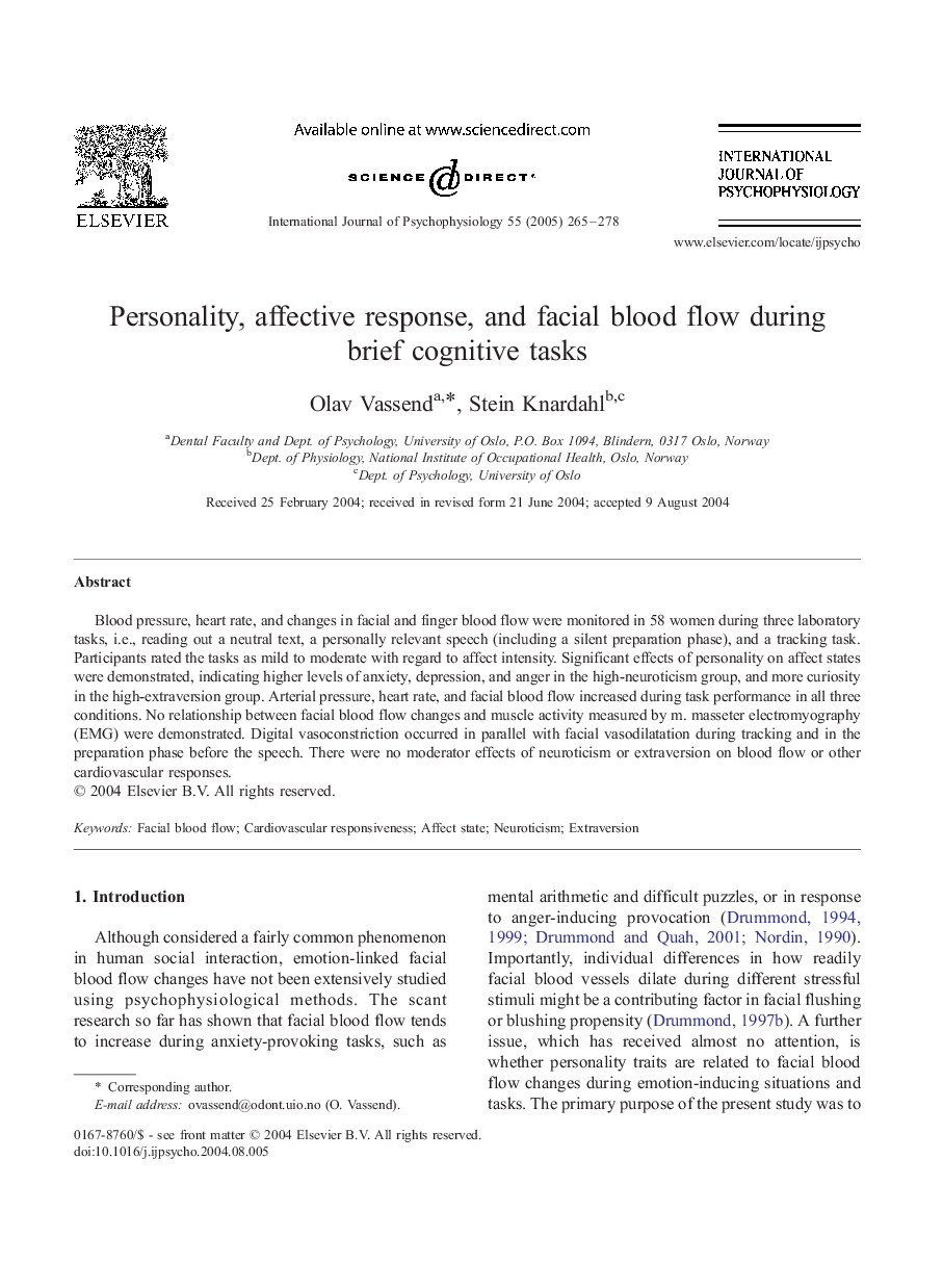 Personality, affective response, and facial blood flow during brief cognitive tasks