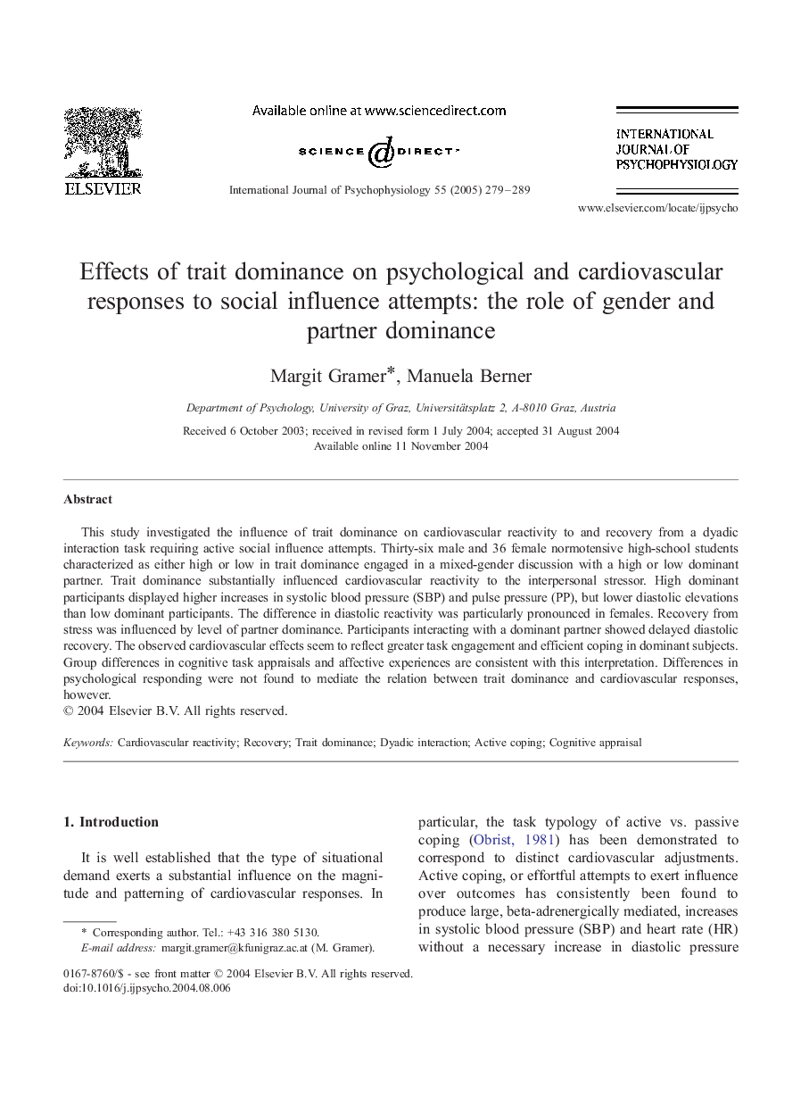 Effects of trait dominance on psychological and cardiovascular responses to social influence attempts: the role of gender and partner dominance